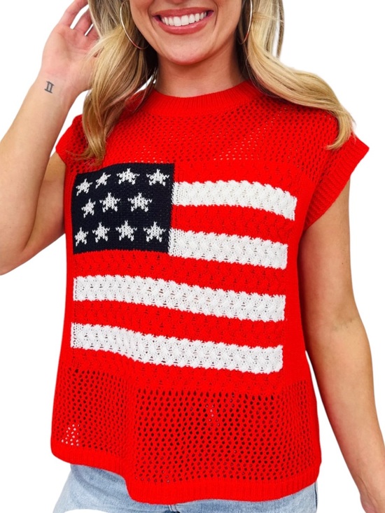 Tops - MOCO Boutique Red American Flag Patriotic Open Knit Short Sleeve Sweater Top XL